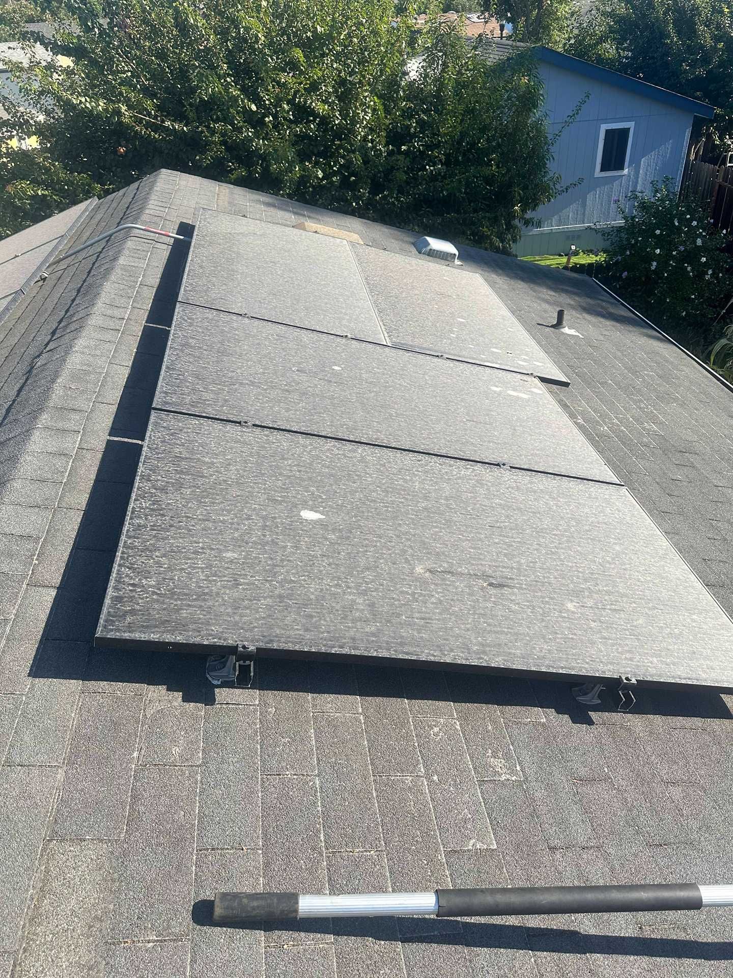 Roofer inspecting a flat roof with rolled roofing, trees and a white house in the background