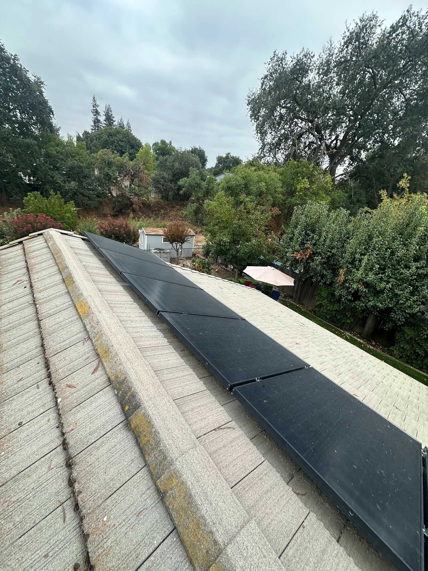 Roof with black solar panels and white gravel strips, surrounded by trees under a cloudy sky