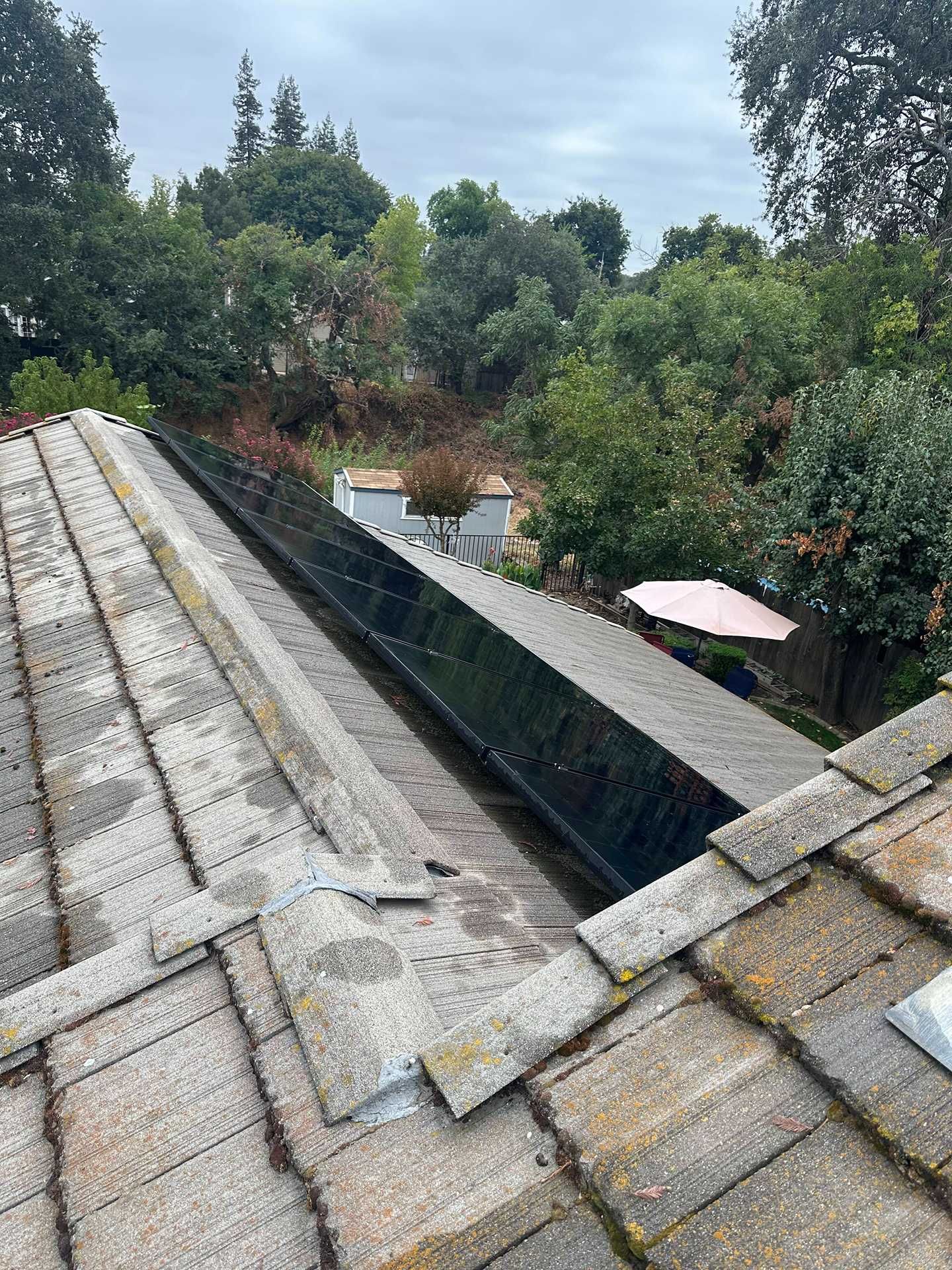 Roof valley with wet slate tiles and a dark skylight, overlooking leafy trees and a small patio below