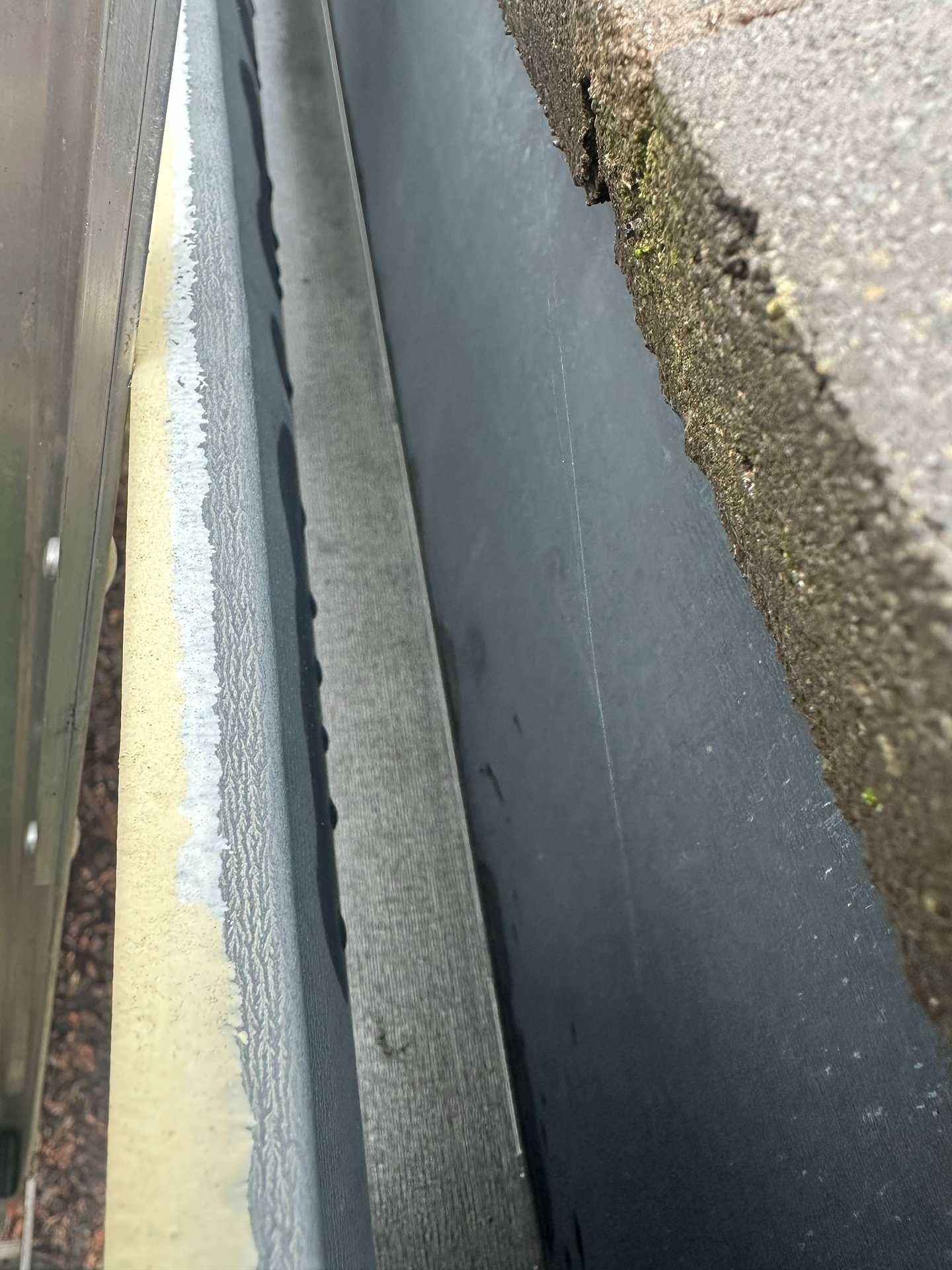 Close-up of a narrow crack between concrete pavement slabs beside a curb and asphalt road.