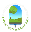 Green tree and hill in a blue rounded rectangle with the slogan “A perfect sheen that’s also green”
