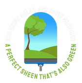 Green tree and hill in a blue rounded rectangle with the slogan “A perfect sheen that’s also green”
