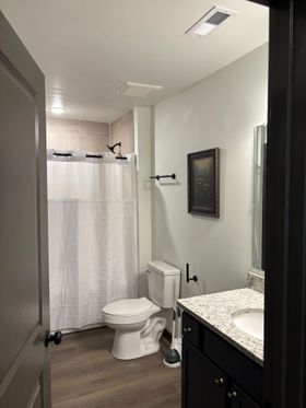 Small bathroom with toilet, shower curtain, sink, and dark vanity cabinets.