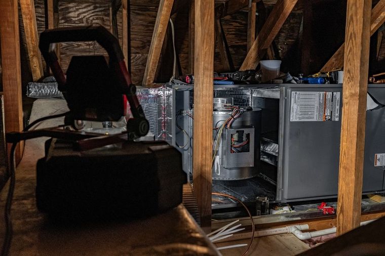 Attic HVAC unit with exposed ductwork and wooden rafters in a dimly lit crawlspace