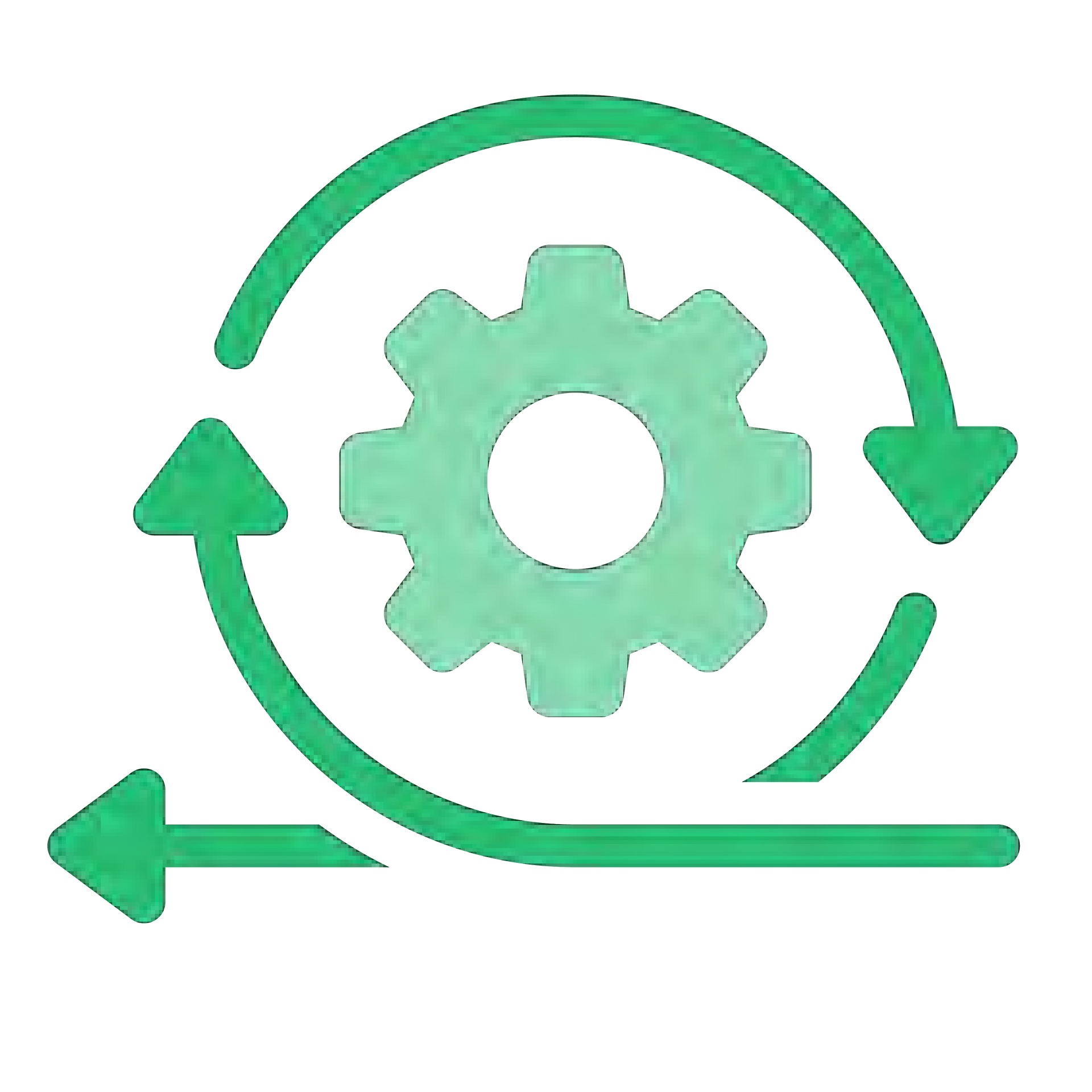 A green icon of a gear with two arrows around it.
