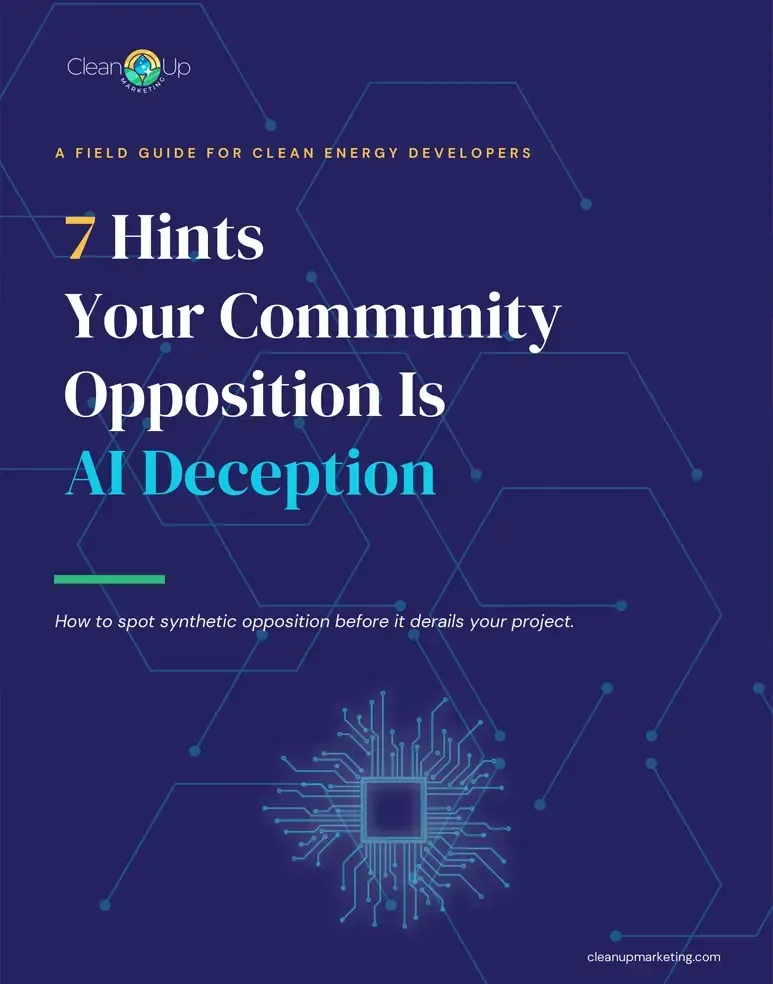 Blue AI-themed poster titled “7 Hints Your Community Opposition Is AI Deception” with a glowing chip graphic