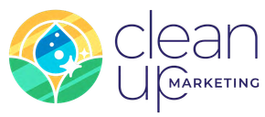 A logo for clean up marketing with a drop of water in the middle.