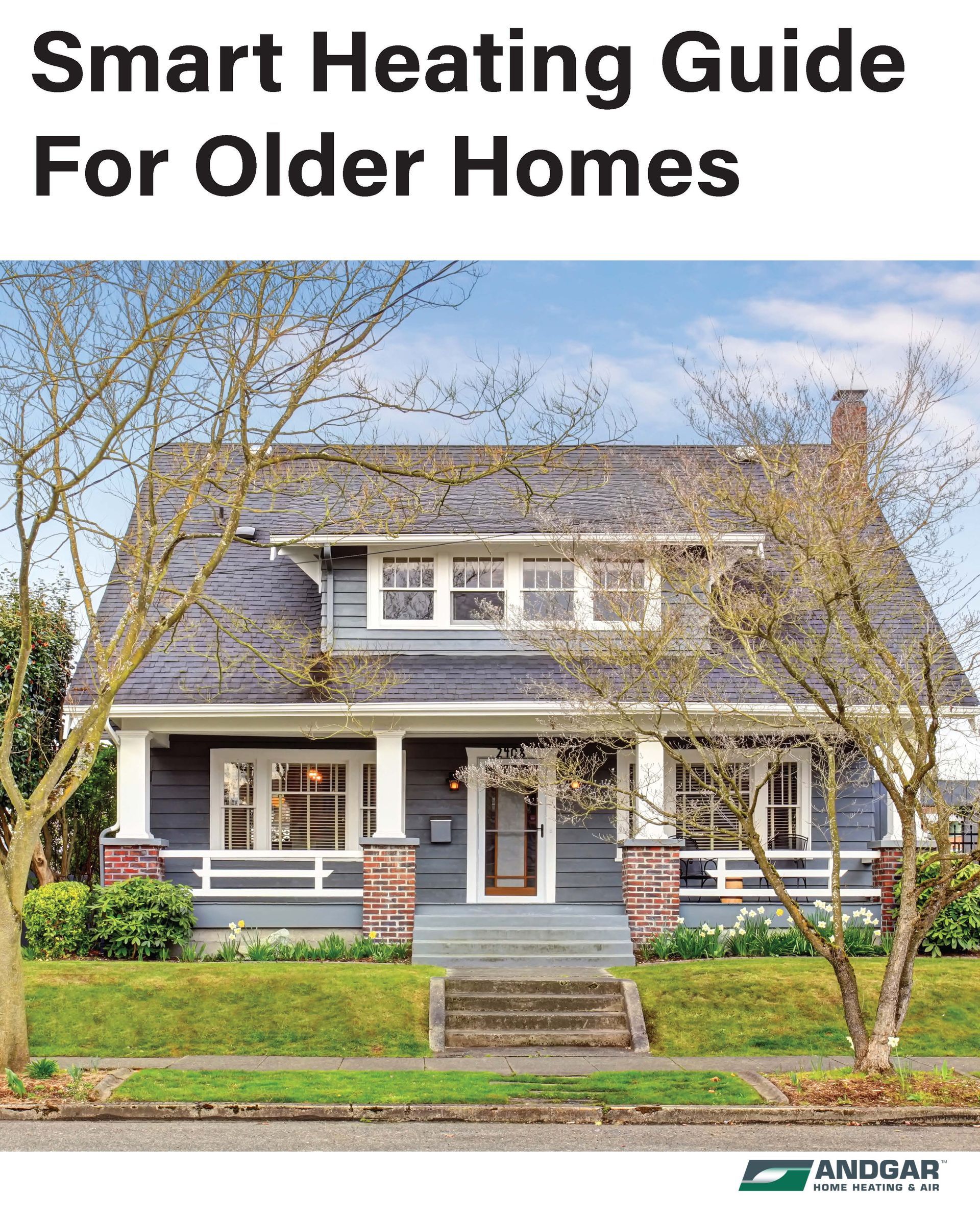 Smart Heating Guide for Older Homes cover with gray house and lawn