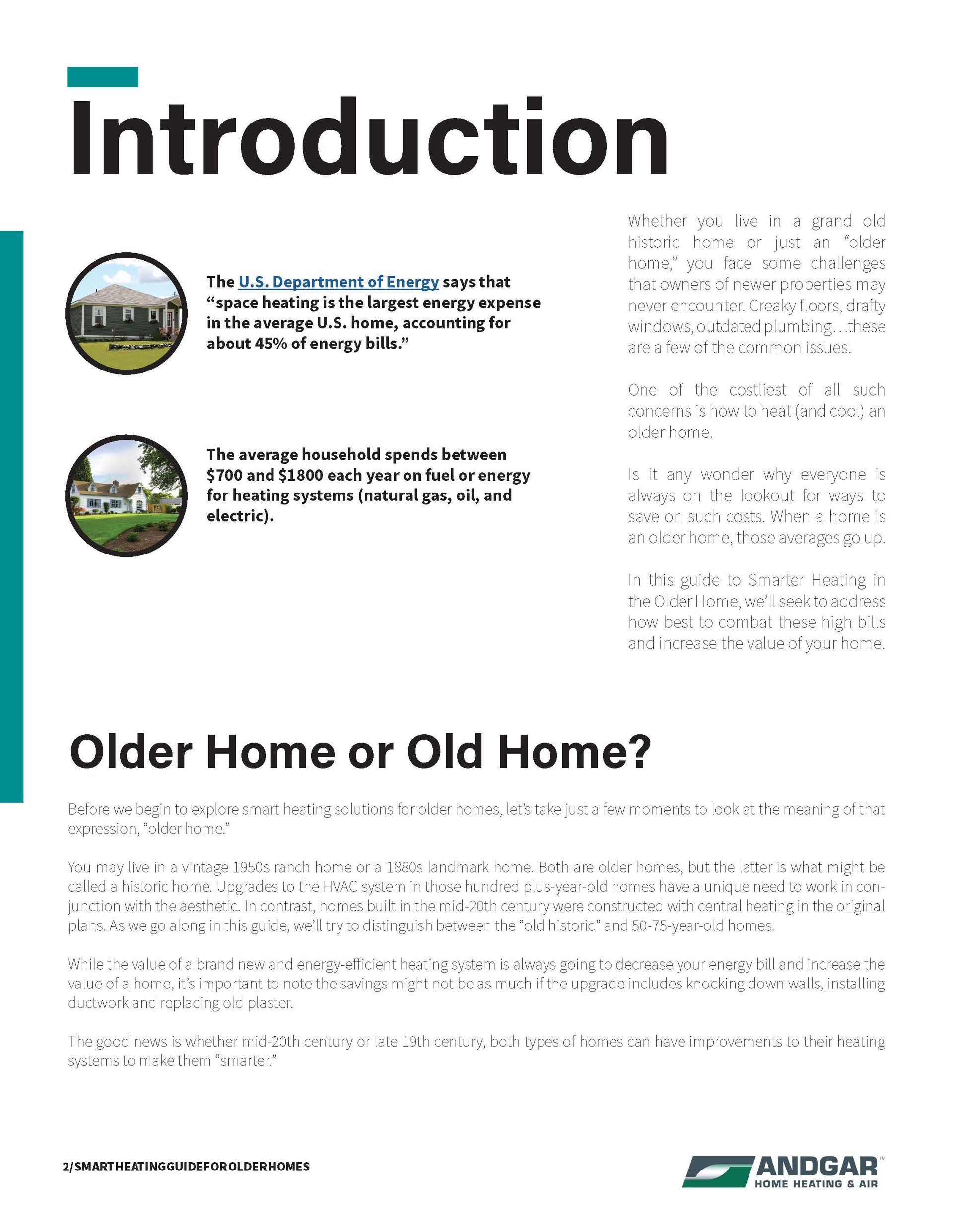 Presentation slide titled “Introduction” with two circular photos and text about “Older Home or Old Home?”