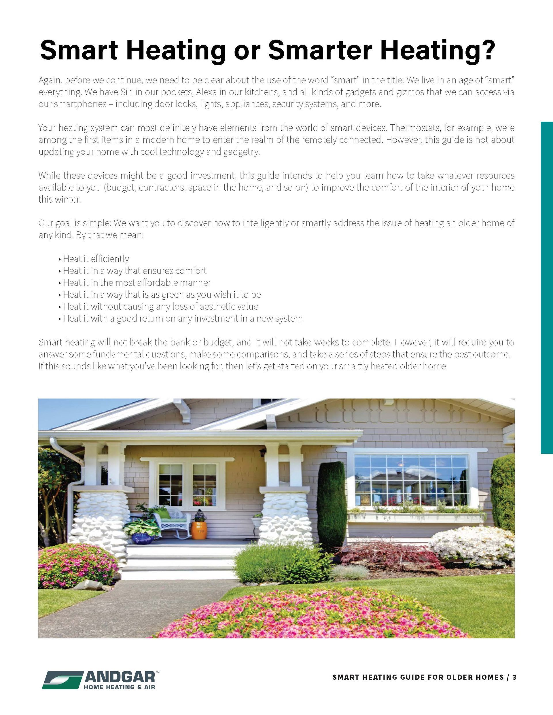 Brochure cover titled “Smart Heating or Smarter Heating?” with house photo and logo at bottom