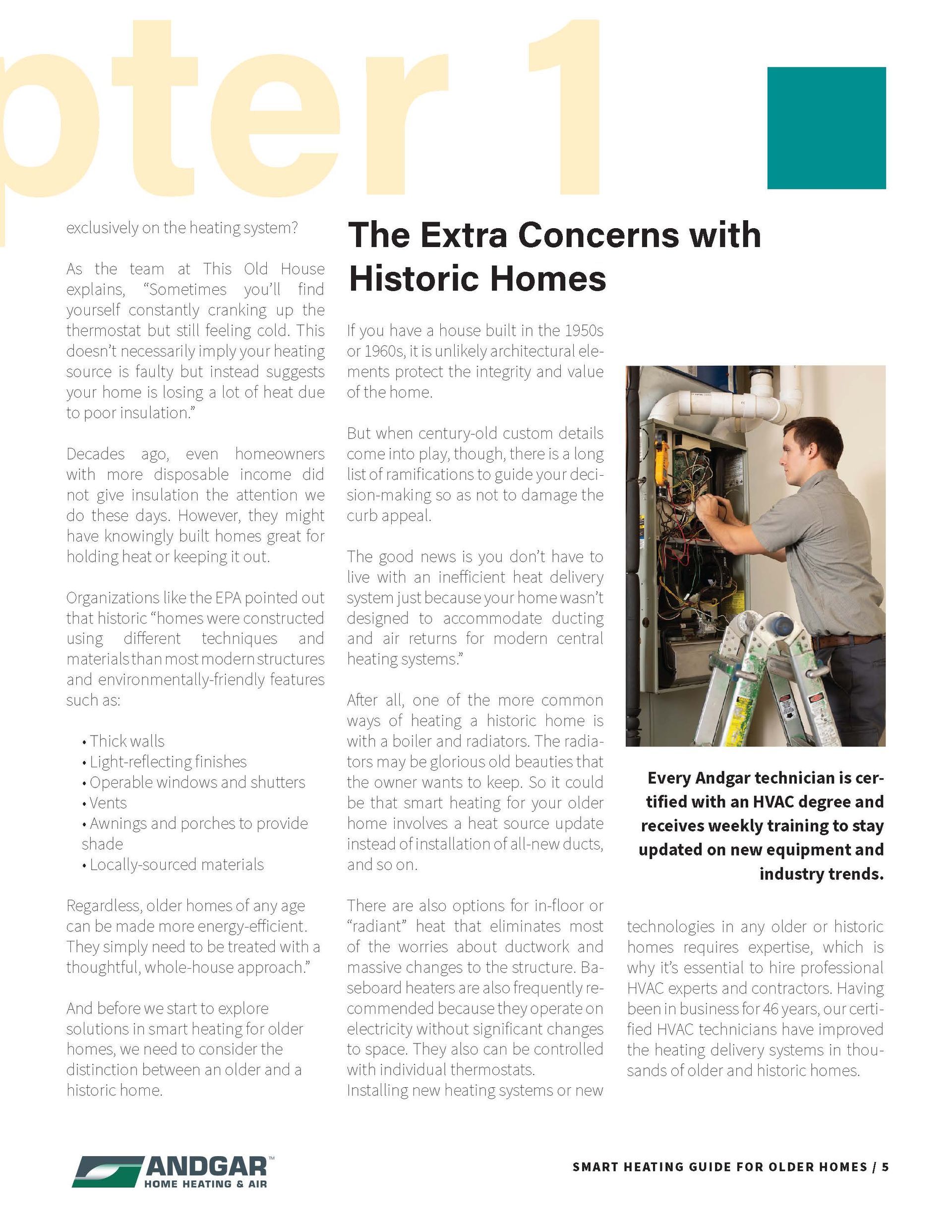 Magazine page titled “The Extra Concerns with Historic Homes” with a worker inspecting electrical wiring