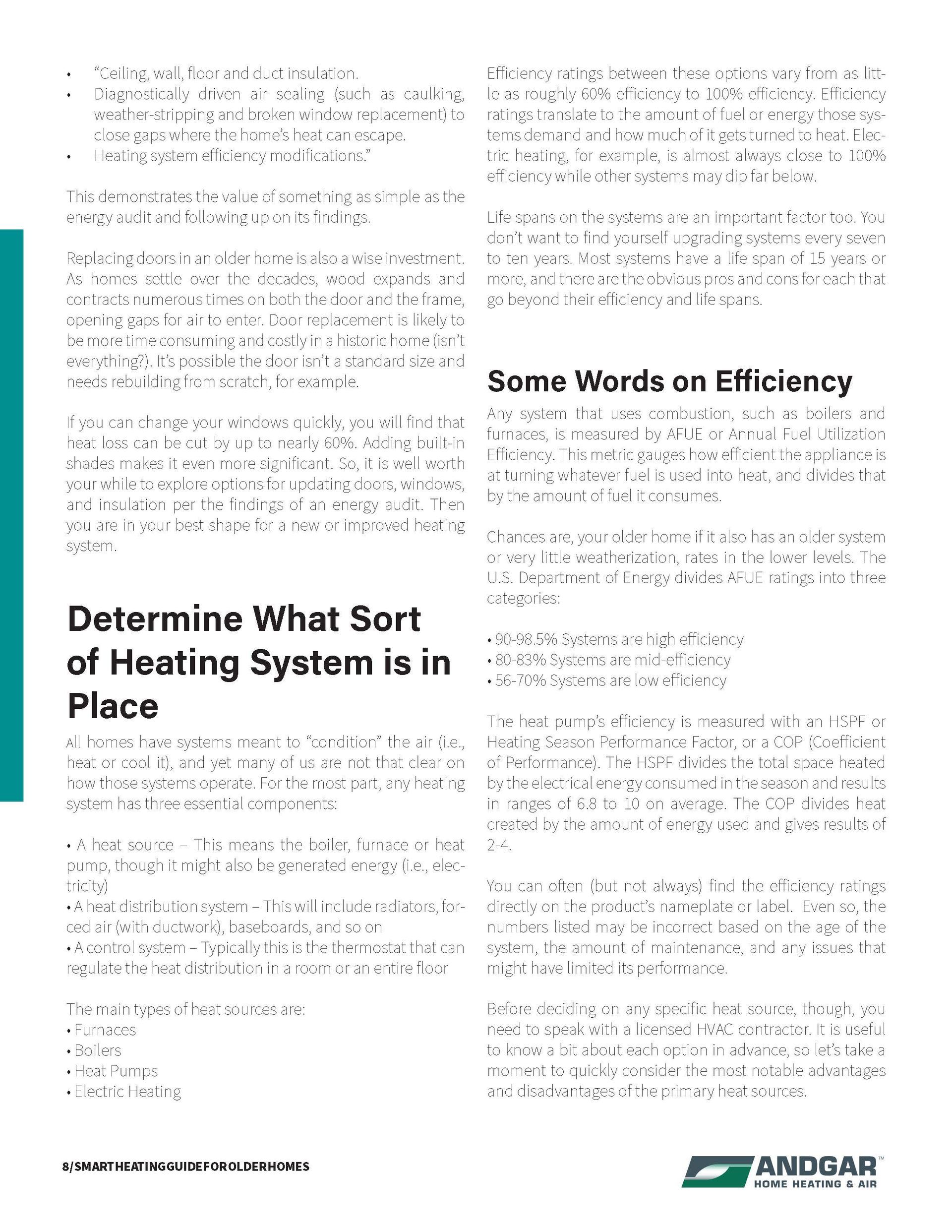 Black-and-white newspaper page with articles, including “Determine What Sort of Heating System is in Place” and “Some Words on Efficiency”