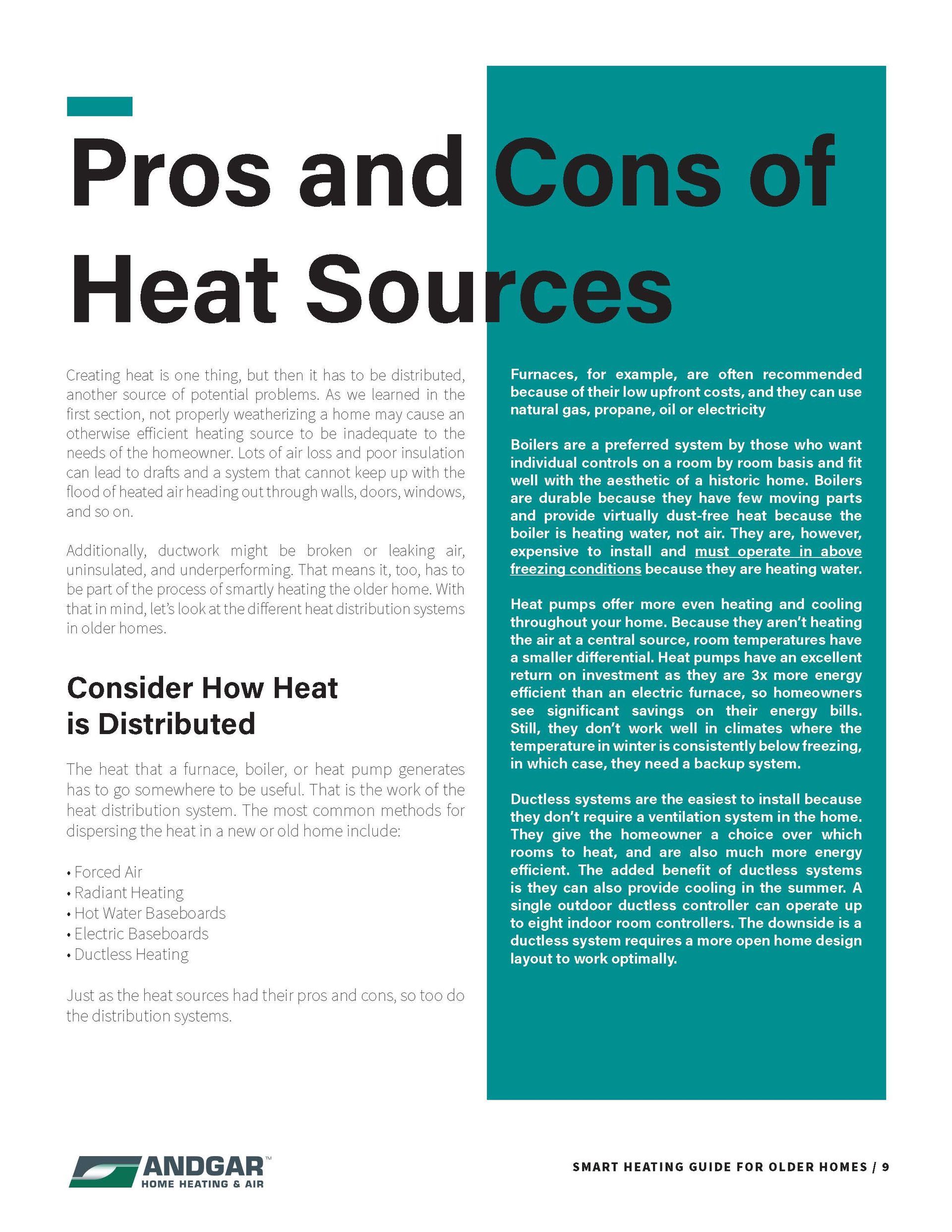 Brochure cover titled “Pros and Cons of Heat Sources” with teal sidebar and white text blocks.