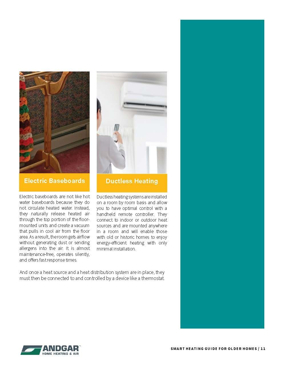 Brochure page with two small photos, orange captions, and a tall teal block on the right.