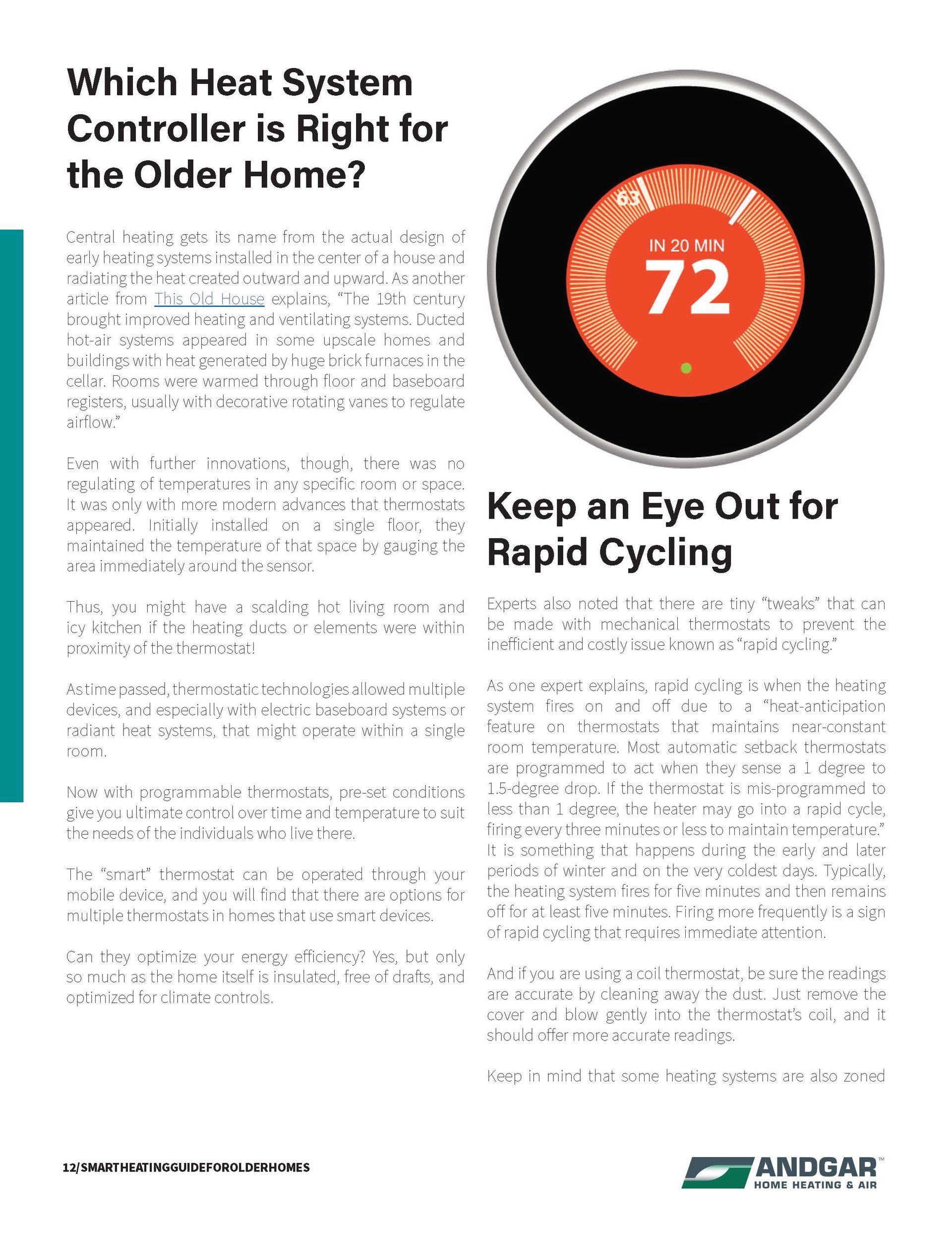 Endeavor article on heat system controllers for elder homes, featuring a 72° thermostat and rapid cycling warning