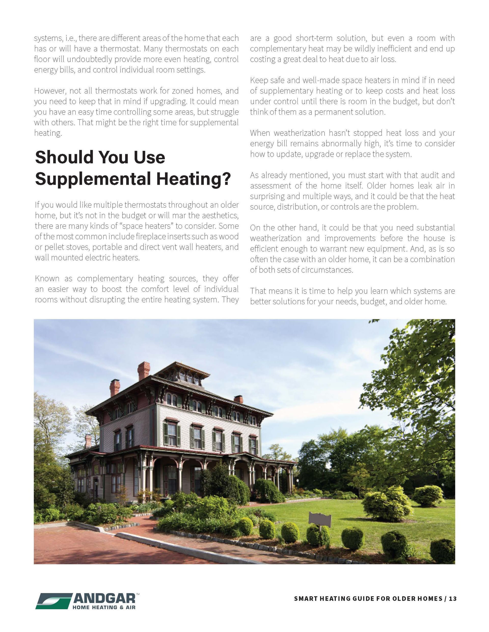Brochure page titled “Should You Use Supplemental Heating?” with a mansion photo below.