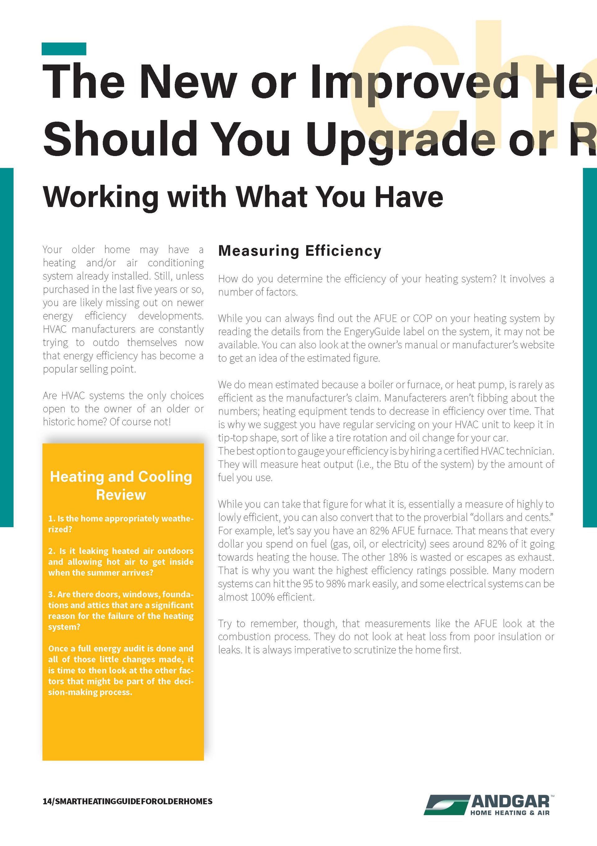 Brochure page with teal accents and orange sidebar, titled about the new or improved heater and upgrade guide