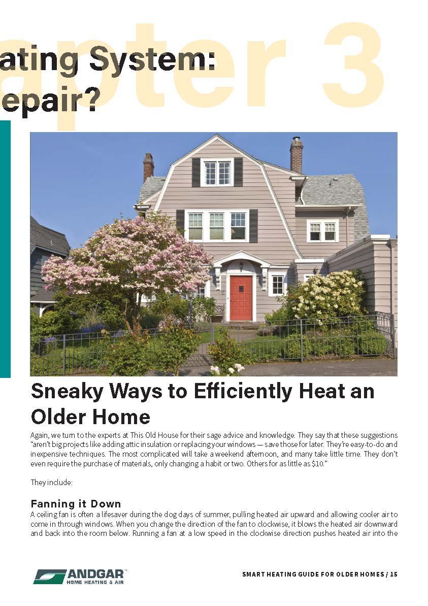 Cover of an article about heating an older home, showing a gray house with a red door and blooming tree.