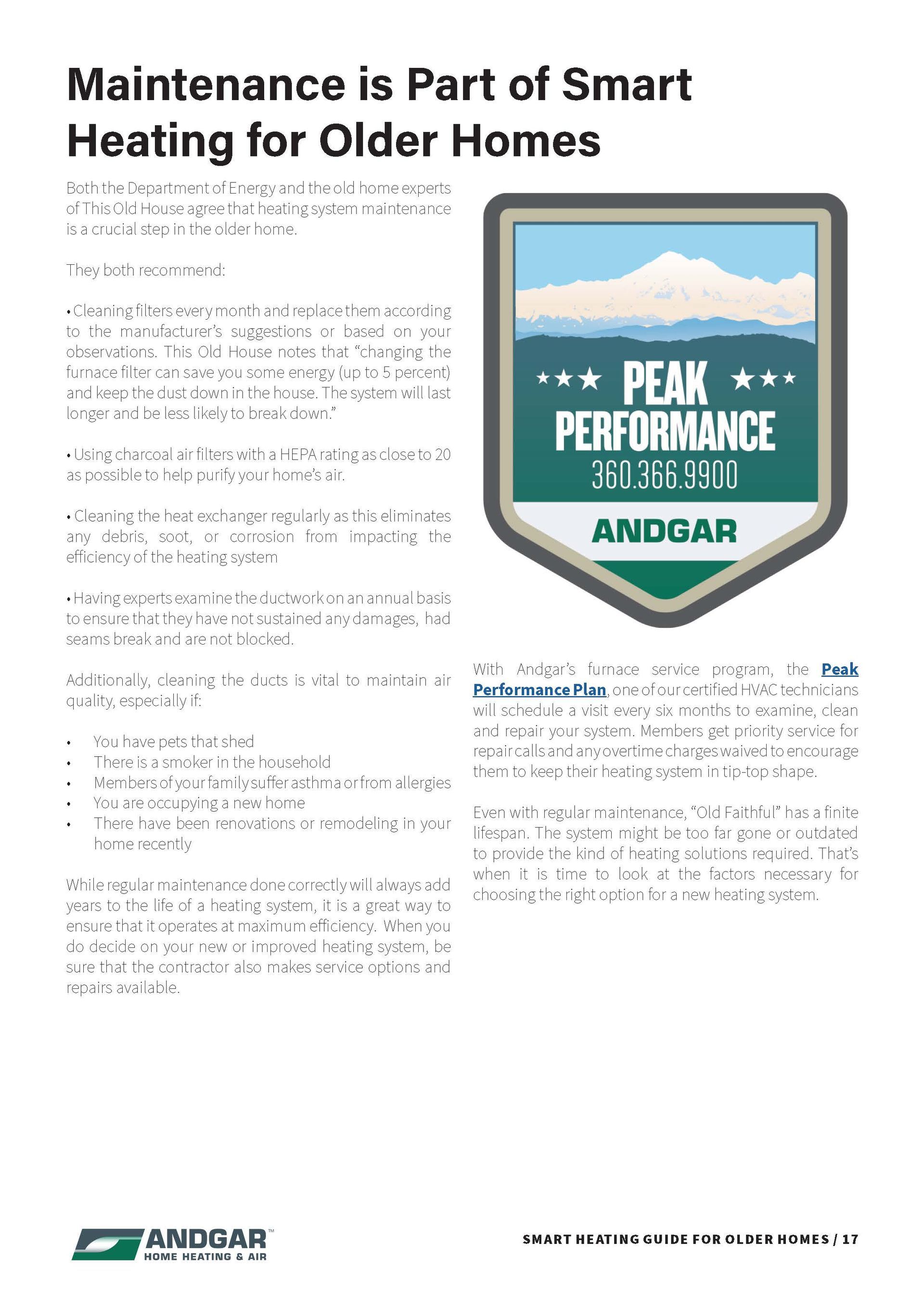 Brochure page titled “Maintenance is Part of Smart Heating for Older Homes” with heating logo and “Peak Performance” shield.