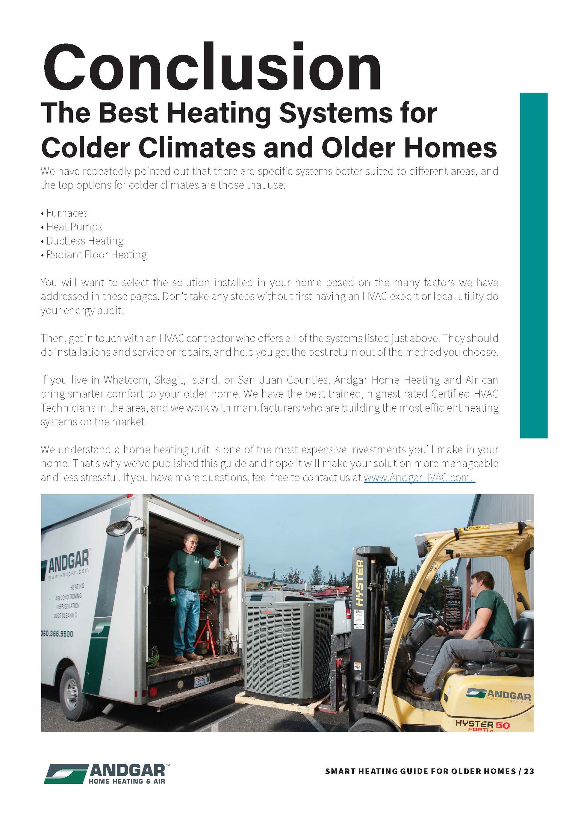 Brochure page on heating systems with moving truck and workers loading equipment at the bottom