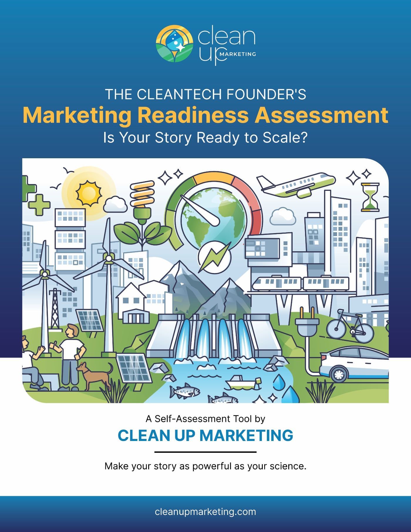 Marketing poster for cleantech founders with illustrated green cityscape, wind turbines, solar panels, and buildings