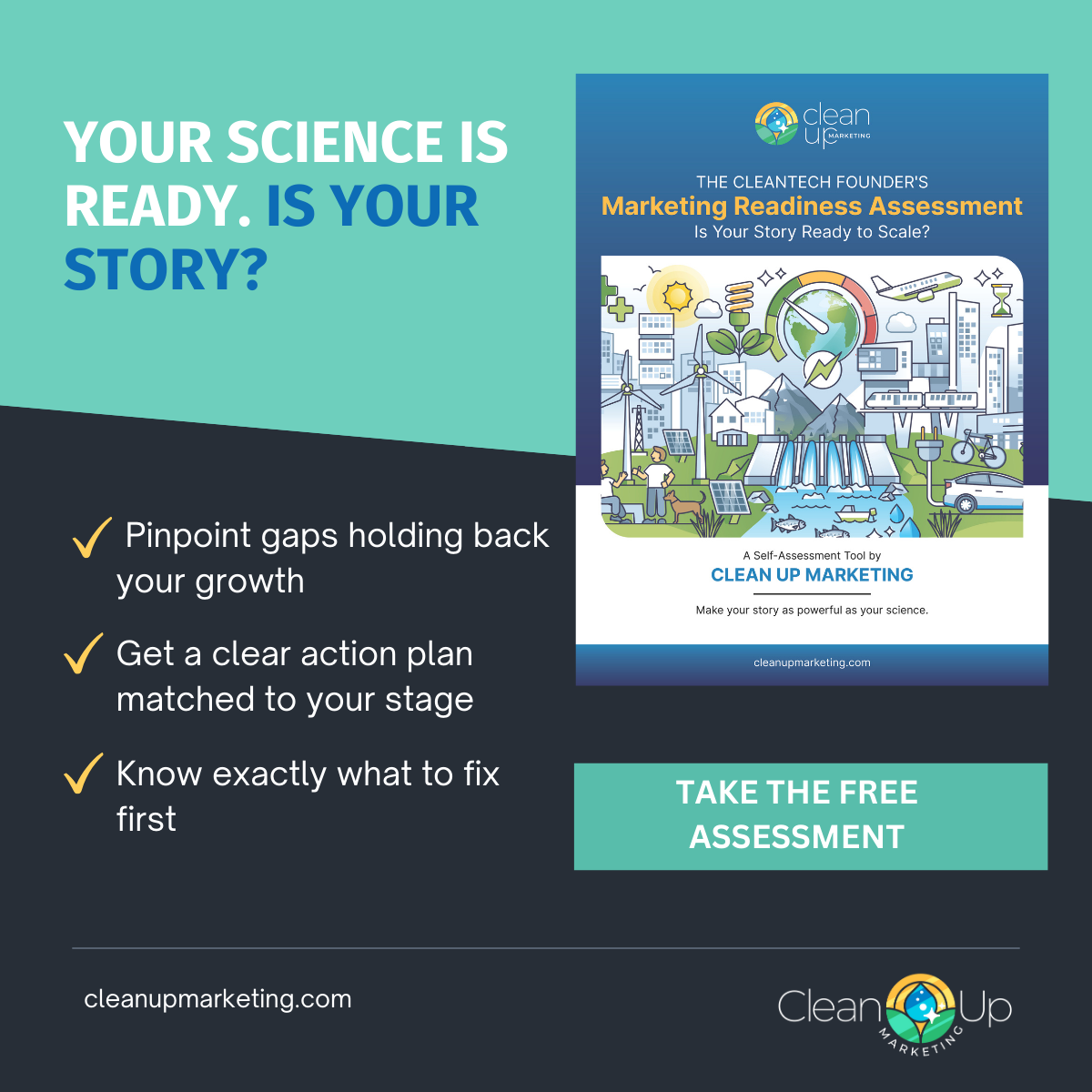 Dark blue ad for a marketing readiness assessment with checklist text and a teal “TAKE THE FREE ASSESSMENT” button