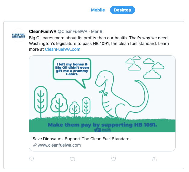 Clean Futures campaign graphic with green line-art dinosaurs and trees, urging support for HB 1091.