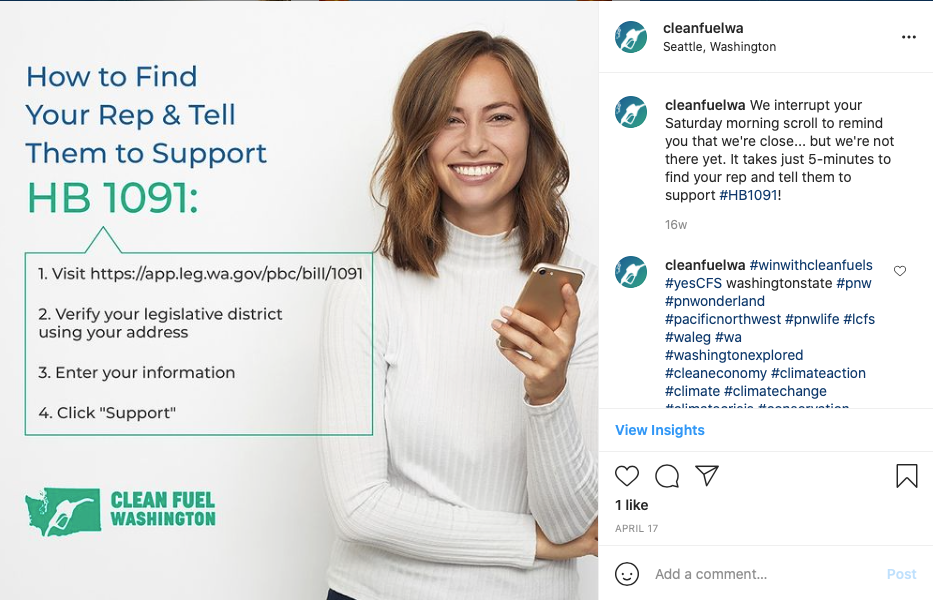 After educating Washingtonians about the clean fuel standard, we used social media to call them to action. 