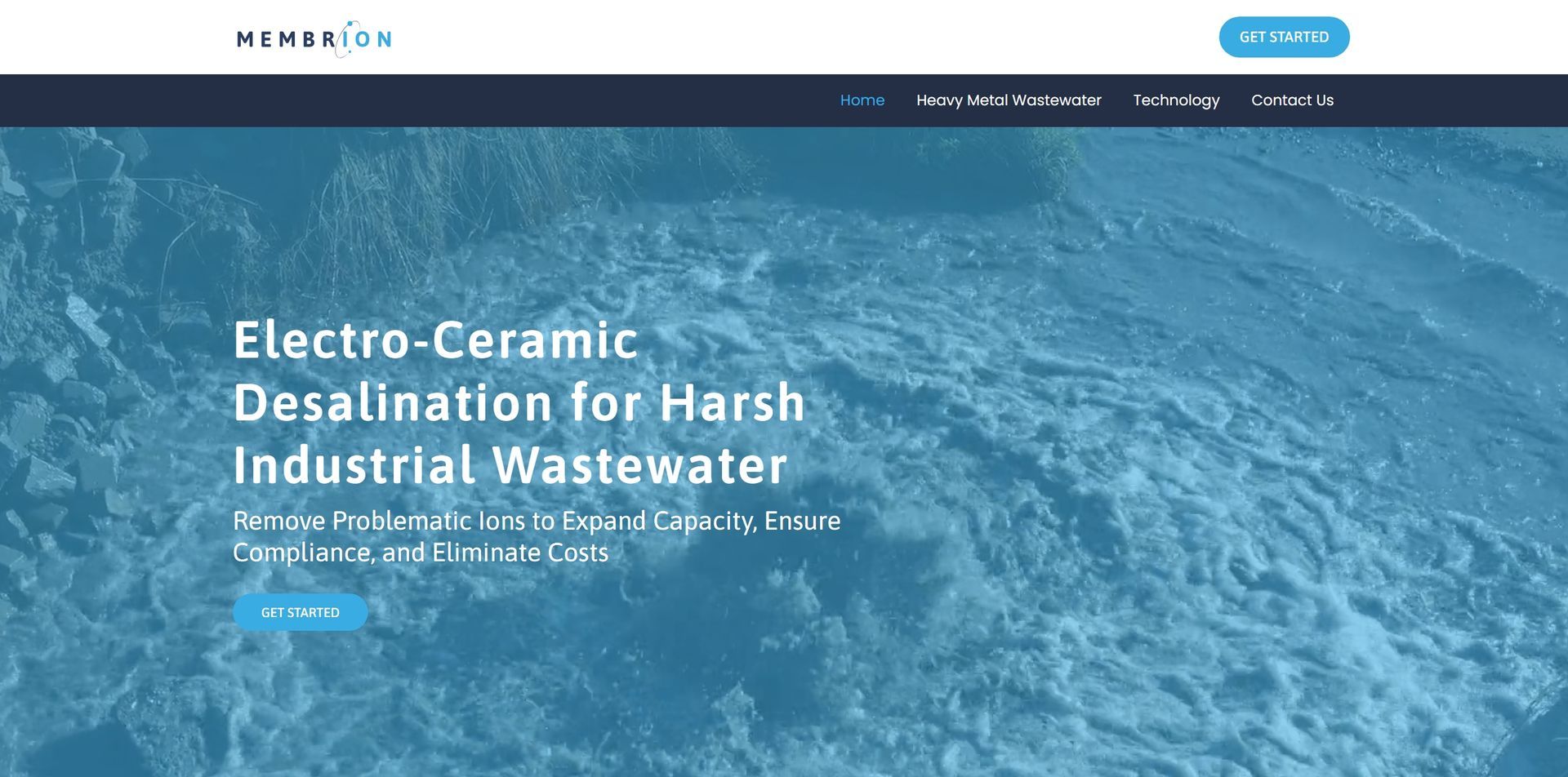 A screenshot of a website for electro-ceramic desalination for harsh industrial wastewater.