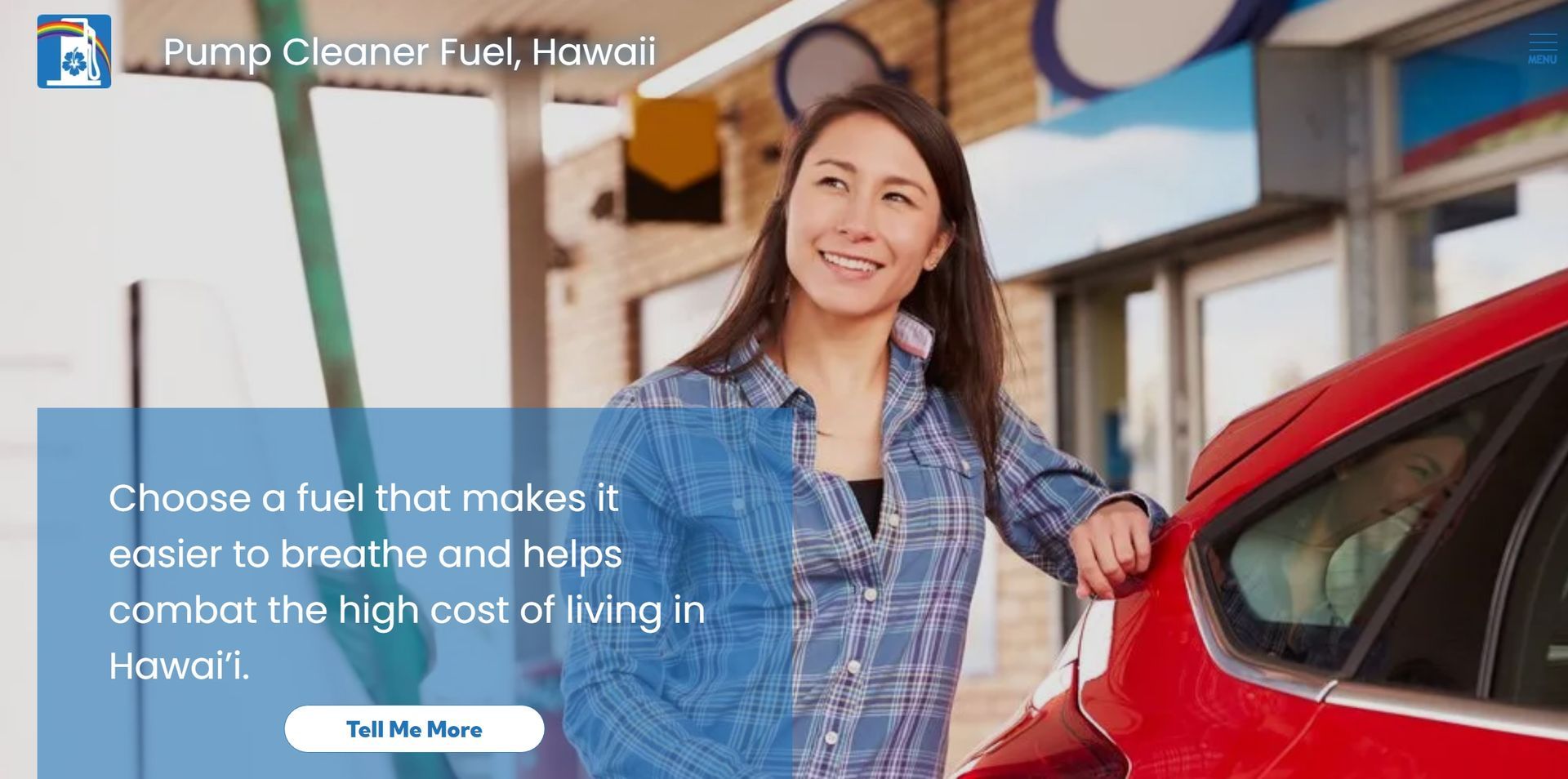 A woman is standing next to a red car at a gas station.
