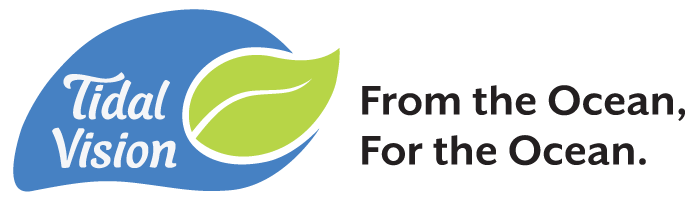 Logo for Tidal Vision with a blue water droplet shape and a green leaf shape with the text