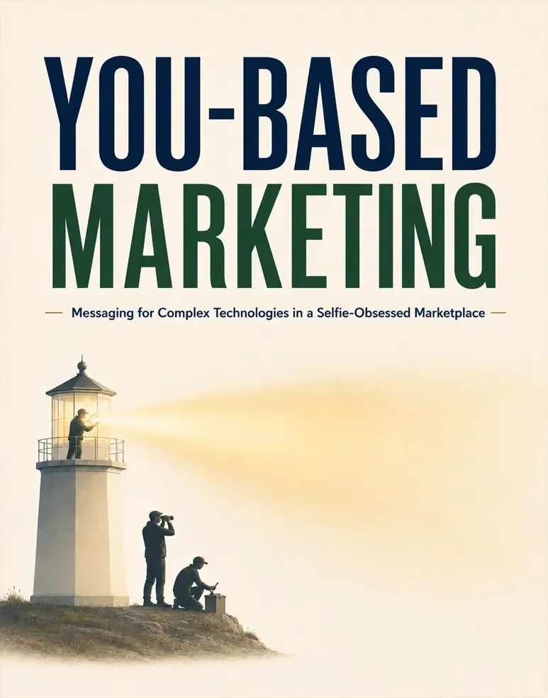 Book cover with a lighthouse and two people at sunset, titled “YOU-BASED MARKETING”