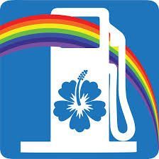 White gas pump with blue hibiscus, rainbow arc, blue background.