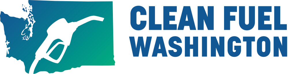 Logo of Clean Fuel Washington with a gas pump silhouette in a gradient of blues and greens, and a map of Washington state.