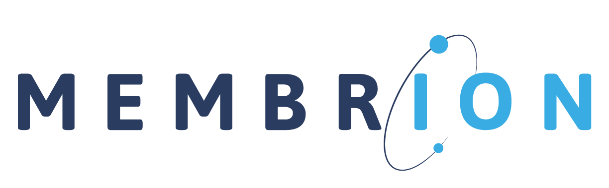 MEMBRION logo: Dark blue text with a stylized atom symbol and light blue 'ION'.