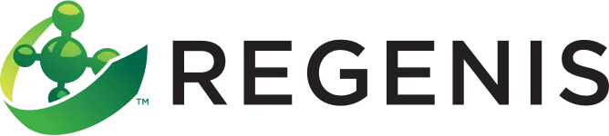 Regenis logo featuring a green molecular structure with a curved design, beside the word