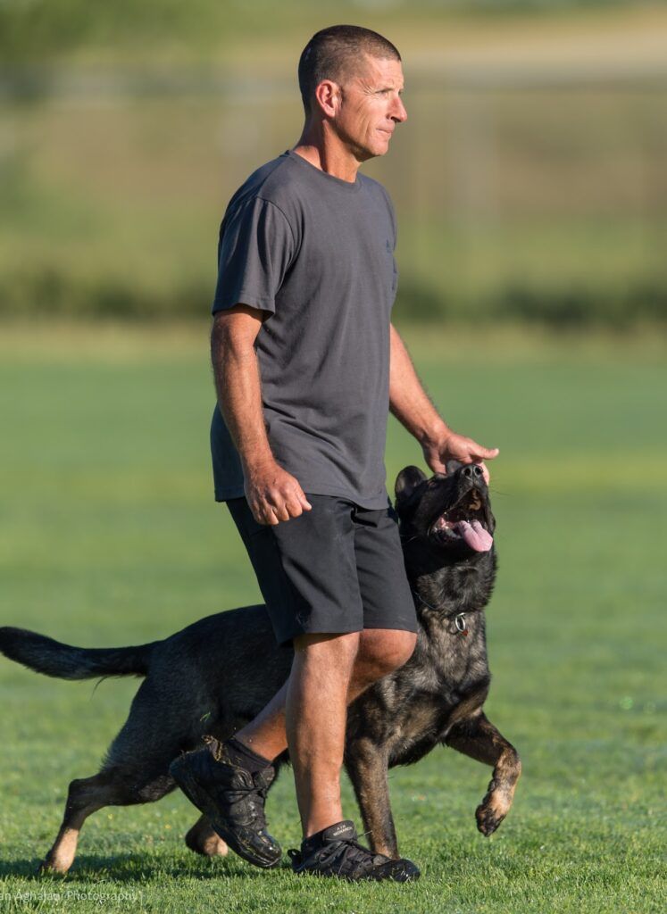 Rich Rosen, owner of Dockside Dog Training, walks with a dark brindle dog on a grassy field, petting the dog.