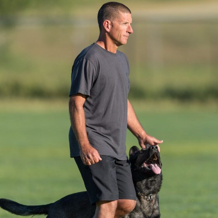 Rich Rosen, owner of Dockside Dog Training, in a gray shirt and shorts petting a black dog on a grassy field.
