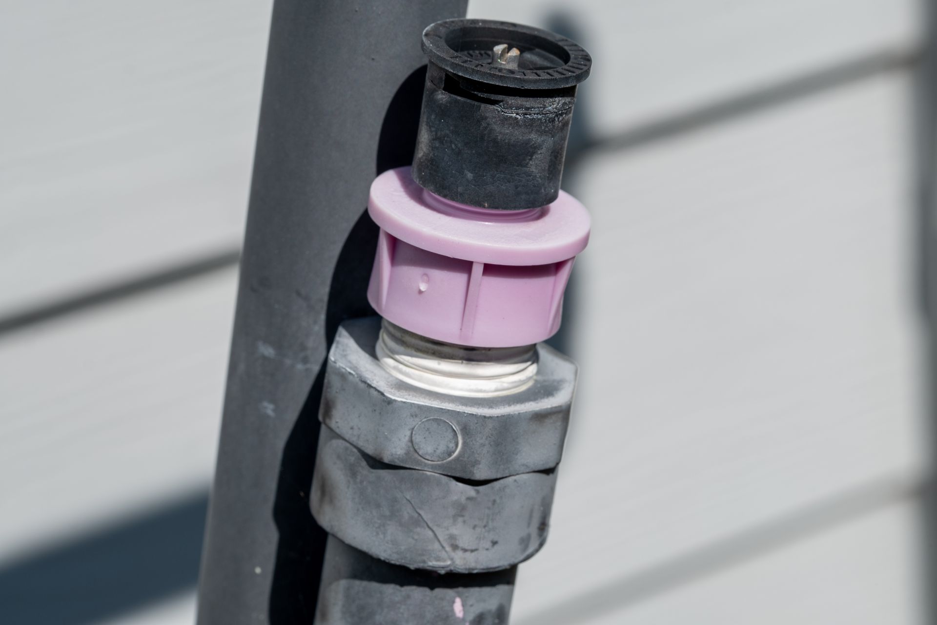 Close-up of a gray pipe fitting with a pink ring and black cap on a wall