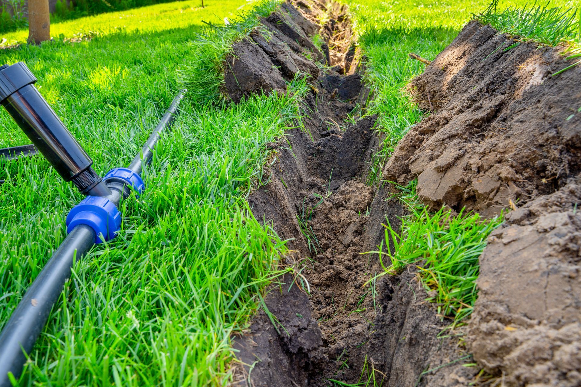 Blue pipe digging a narrow trench through green grass beside a mound of soil