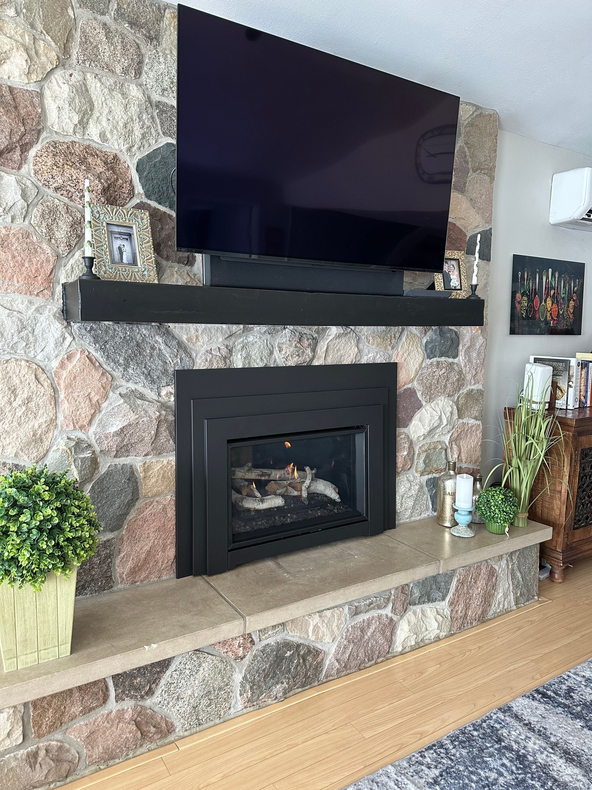 Living room fireplace with mounted TV, stone surround, and decorative plants on the mantel and hearth