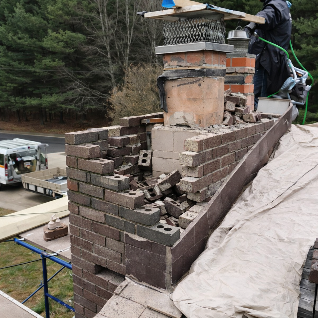 Worker repairing a brick chimney on a roof, with a forest and vehicles in the background.
