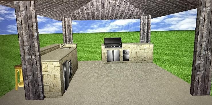 Outdoor kitchen under a wooden pergola with a grill, cabinets, and a bar stool. Green grass and blue sky are in the background.
