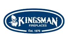 Kingsman Fireplaces logo with knight icon, blue and white oval design, "Est. 1976."
