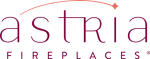 Astria Fireplaces logo in burgundy text with a star accent above the name