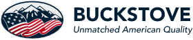 Buckstove logo with stylized mountain, red stripes, and tagline “Unmatched American Quality”