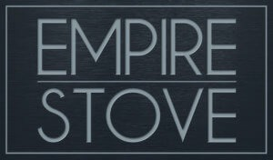 Empire Stove logo in thin white text on a dark background with a rectangular border