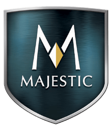 Majestic logo on a dark blue shield with white lettering and a gold diamond mark