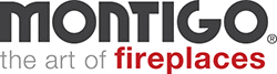 Montigo logo with tagline “the art of fireplaces” in gray and red