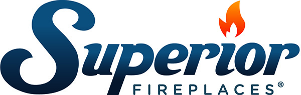 Superior Fireplaces logo in blue and orange with flame above the “i”